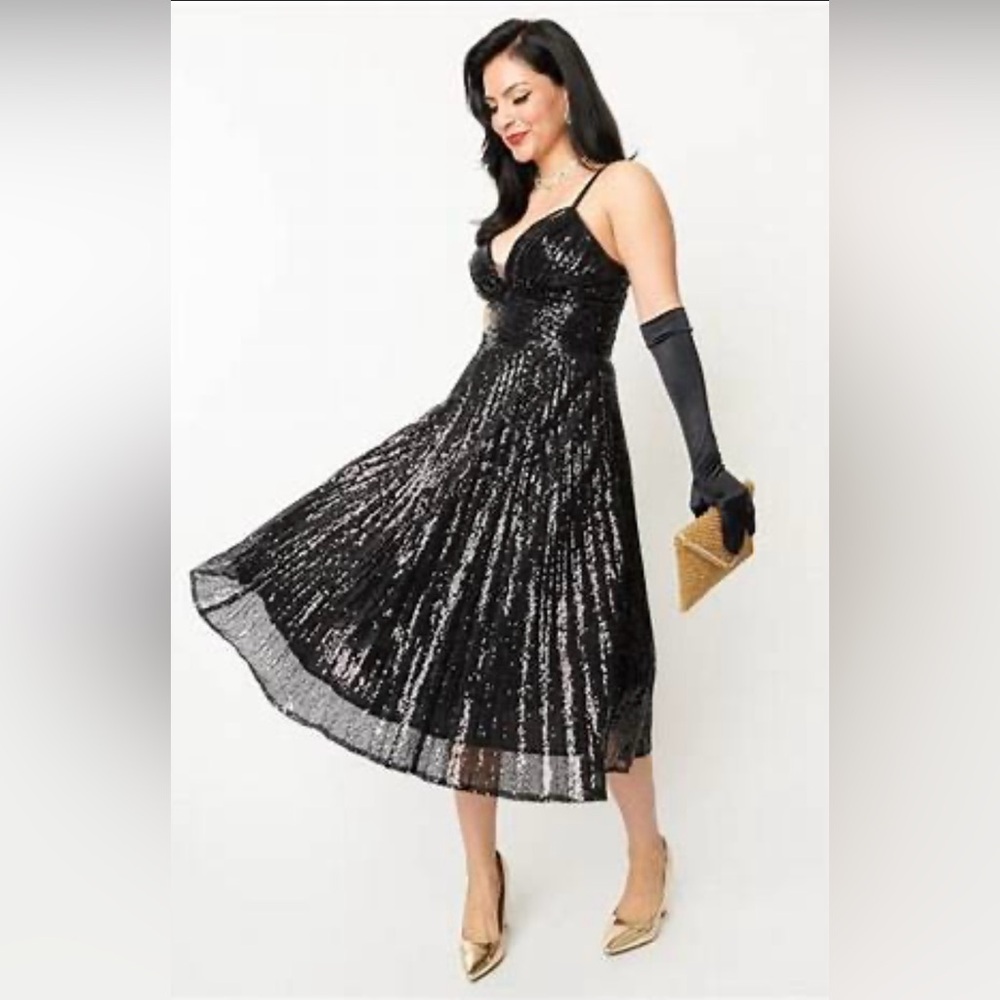 Unique Vintage 1950s Black Sequin Swing Holiday Dress NWT 4X - Picture 5 of 9